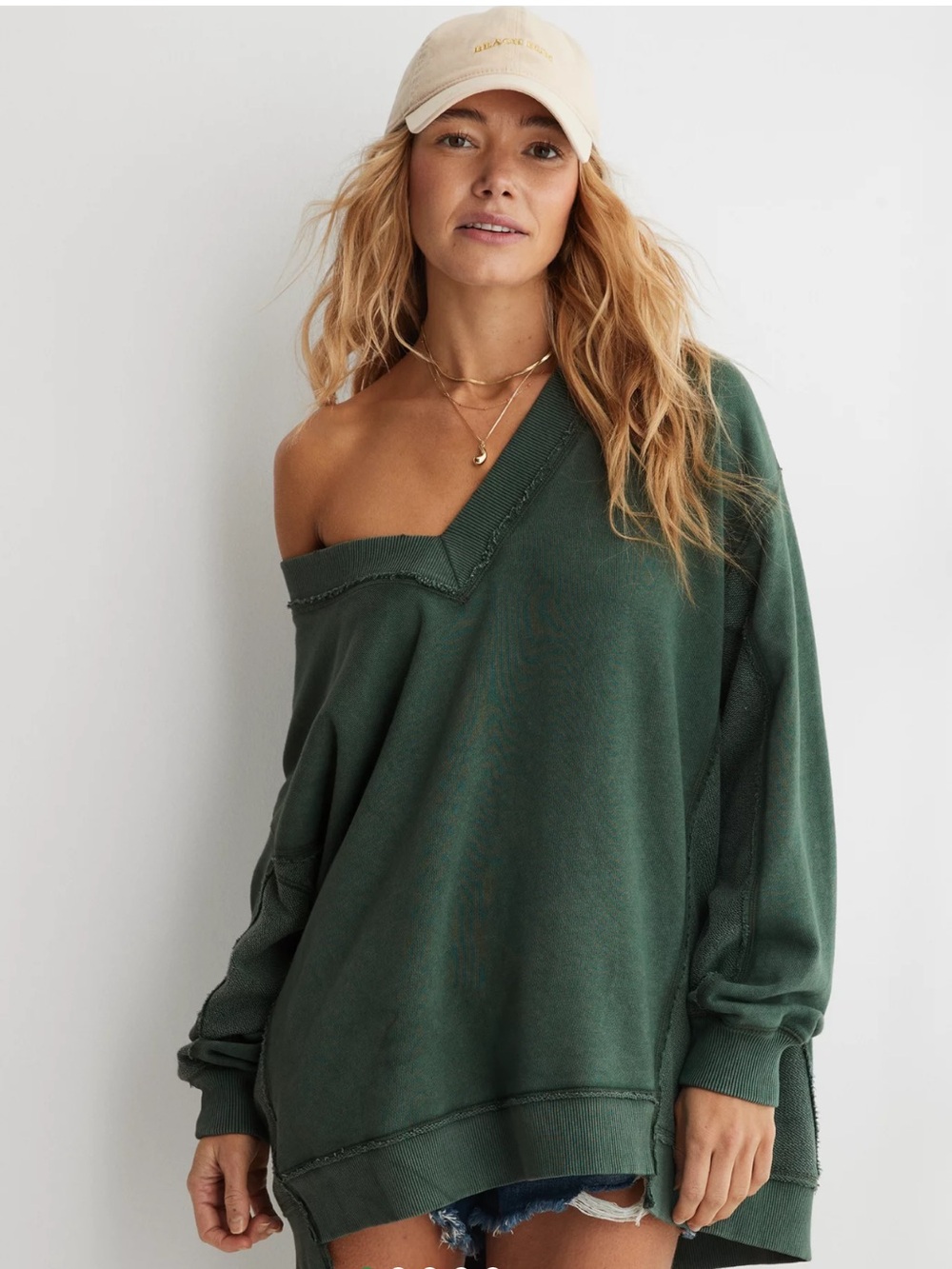Aerie Vacay Every Day V-Neck Forest Green Sweatshirt, Sz XXS (P2P 26”)